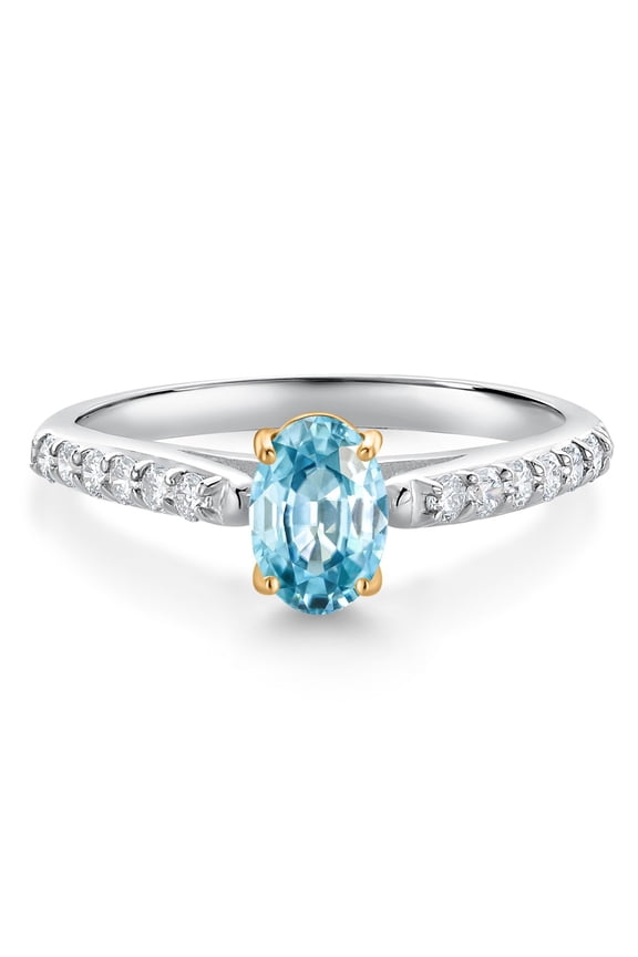 10K White and Yellow Gold Blue Zircon and White Lab Grown Diamond Engagement Ring for Women (1.43 Cttw, Oval 7X5MM, Gemstone December Birthstone, Size 9)