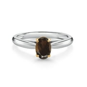 Gem Stone King 10K White and Yellow Gold Brown Smoky Quartz Solitaire Engagement Ring for Women (0.75 Cttw, Oval 7X5MM, Gemstone Birthstone, Available in Size 5, 6, 7, 8, 9)