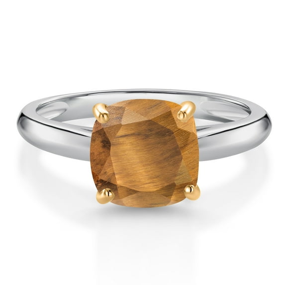 Gem Stone King 10K White and Yellow Gold Brown Tiger Eye Solitaire Engagement Ring for Women (2.00 Cttw, Cushion 8MM, Gemstone Birthstone, Available in Size 5, 6, 7, 8, 9)