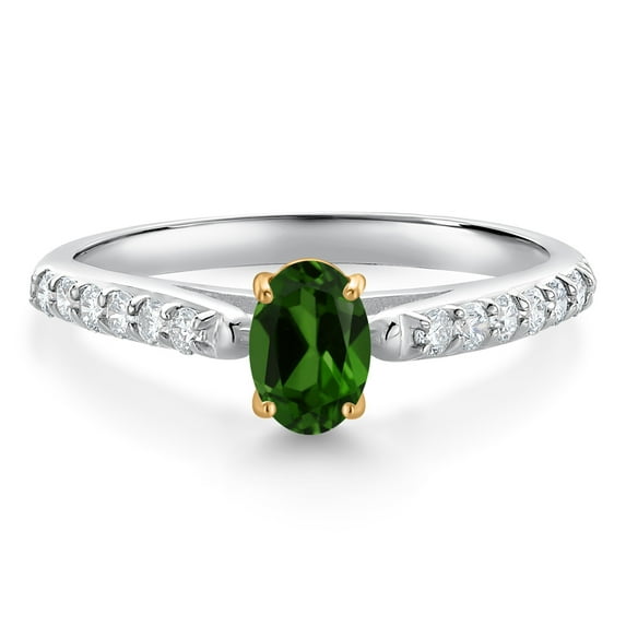 Gem Stone King 10K White and Yellow Gold Green Chrome Diopside and White Lab Grown Diamond Engagement Ring for Women (0.73 Cttw, Oval 6X4MM, Gemstone Birthstone, Size 9)