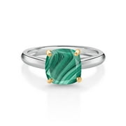 Gem Stone King 10K White and Yellow Gold Green Malachite Solitaire Engagement Ring For Women (3.00 Cttw, Cushion 8MM, Gemstone Birthstone, Available In Size 5, 6, 7, 8, 9)