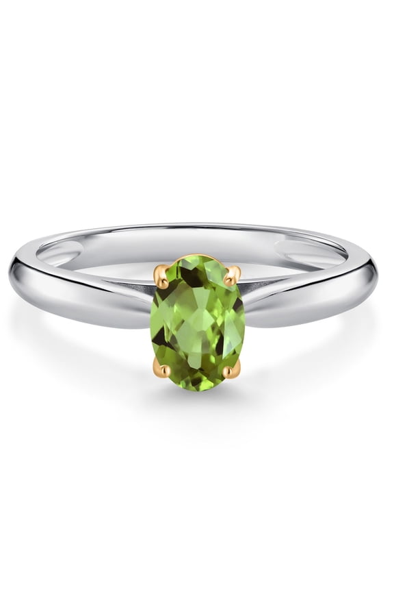 10K White and Yellow Gold Green Peridot Solitaire Engagement Ring for Women (0.90 Cttw, Oval 7X5MM, Gemstone August Birthstone, Size 6)