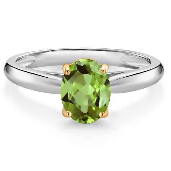 Gem Stone King 10K White and Yellow Gold Green Peridot Solitaire Engagement Ring for Women (1.42 Cttw, Oval 8X6MM, Gemstone August Birthstone, Available in Size 5, 6, 7, 8, 9)