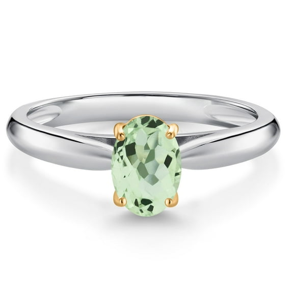 Gem Stone King 10K White and Yellow Gold Green Prasiolite Solitaire Engagement Ring for Women (0.75 Cttw, Oval 7X5MM, Gemstone Birthstone, Size 6)