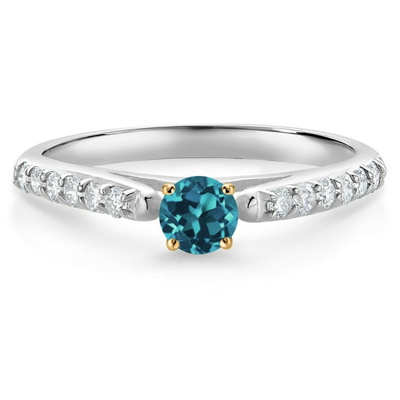 Gem Stone King 10K White and Yellow Gold London Blue Topaz and White Lab Grown Diamond Engagement Ring for Women (0.40 Cttw, Gemstone November Birthstone, Round 3.5MM, Size 7)