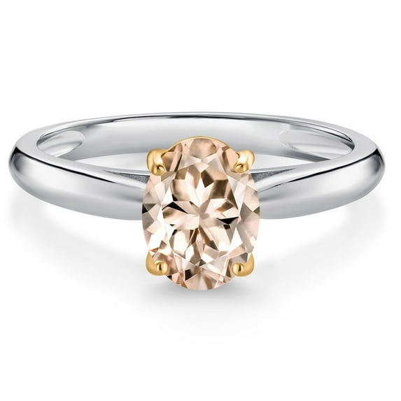 Gem Stone King 10K White and Yellow Gold Peach Morganite Solitaire Engagement Ring for Women (1.00 Cttw, Oval 8X6MM, Gemstone October Birthstone, Available in Size 5, 6, 7, 8, 9)