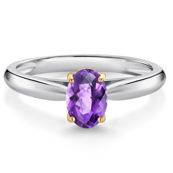 Gem Stone King 10K White and Yellow Gold Purple Amethyst Solitaire Engagement Ring for Women (0.75 Cttw, Oval Checkerboard 7X5MM, Gemstone February Birthstone, Size 5)