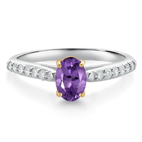 Gem Stone King 10K White and Yellow Gold Purple Amethyst and White Lab Grown Diamond Engagement Ring for Women (0.93 Cttw, Oval 7X5MM, Gemstone February Birthstone, Size 7)