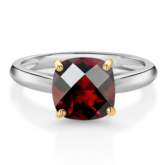 Gem Stone King 10K White and Yellow Gold Red Garnet Solitaire Engagement Ring for Women (2.50 Cttw, Cushion Checkerboard 8MM, Gemstone January Birthstone, Available in Size 5, 6, 7, 8, 9)