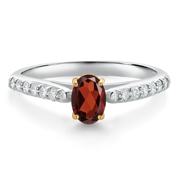 Gem Stone King 10K White and Yellow Gold Red Garnet and White Lab Grown Diamond Engagement Ring for Women (0.75 Cttw, Oval 6X4MM, Gemstone January Birthstone, Size 8)