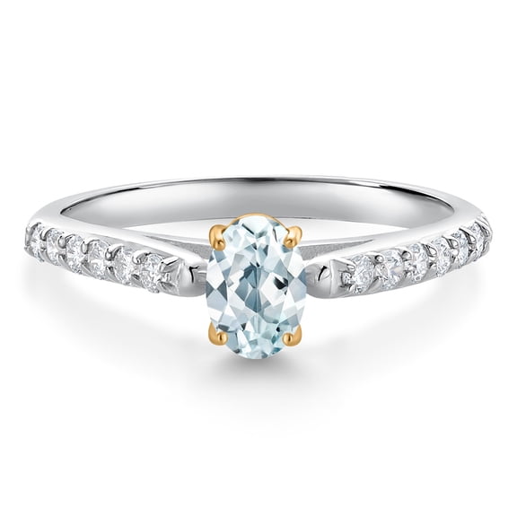 Gem Stone King 10K White and Yellow Gold Sky Blue Aquamarine and White Lab Grown Diamond Engagement Ring for Women (0.68 Cttw, Oval 6X4MM, Gemstone March Birthstone, Size 7)