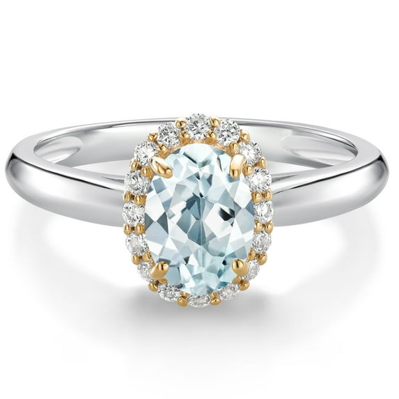 Gem Stone King 10K White and Yellow Gold Sky Blue Aquamarine and White Lab Grown Diamond Halo Engagement Ring for Women (0.88 Cttw, Gemstone March Birthstone, Oval 7X5MM)