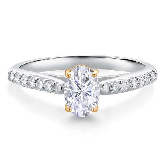 Gem Stone King 10K White and Yellow Gold White Moissanite and White Lab Grown Diamond Engagement Ring for Women (1.08 Cttw, Oval 7X5MM, Gemstone Birthstone, Size 5)