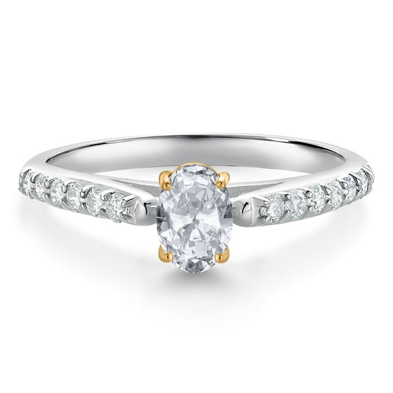 Gem Stone King 10K White and Yellow Gold White Topaz and White Lab Grown Diamond Engagement Ring for Women (0.78 Cttw, Oval 6X4MM, Gemstone November Birthstone, Size 6)