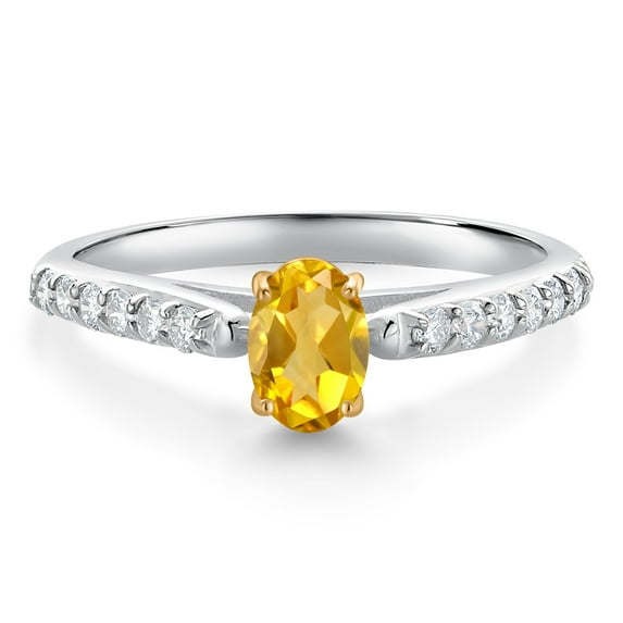 Gem Stone King 10K White and Yellow Gold Yellow Citrine and White Lab Grown Diamond Engagement Ring for Women (0.63 Cttw, Oval 6X4MM, Gemstone November Birthstone, Size 9)