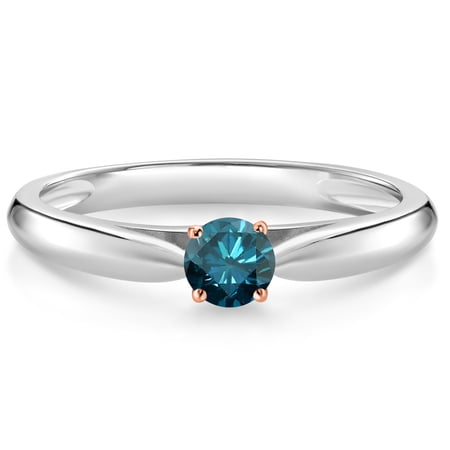 Gem Stone King 10K White and Rose Gold Blue Diamond Solitaire Engagement Ring for Women (0.15 Cttw, Gemstone April Birthstone, Round 3.5MM, Size 6)