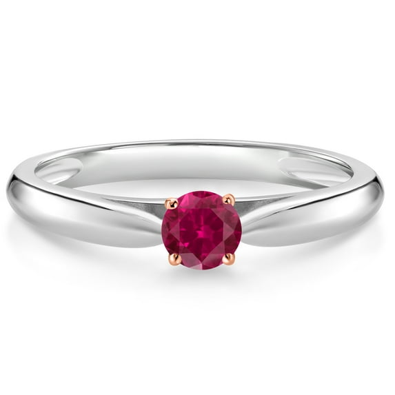 Gem Stone King 10K White and Rose Gold Red Created Ruby Solitaire Engagement Ring for Women (0.25 Cttw, Gemstone July Birthstone, Round 3.5MM, Size 7)