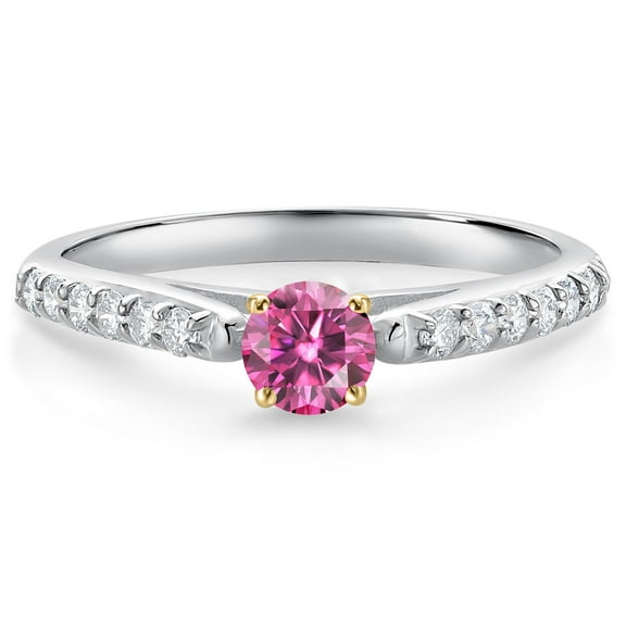 Gem Stone King 10K White and Yellow Gold Engagement Ring Pink Moissanite and Lab Grown Diamond (0.41 Cttw, Size 6)