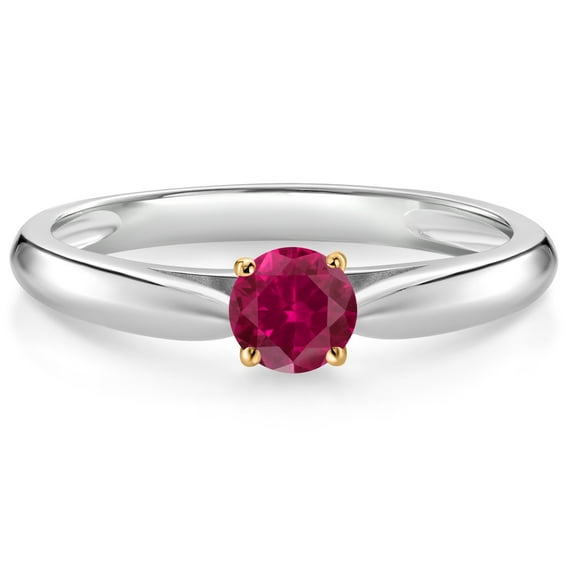 Gem Stone King 10K White and Yellow Gold Red Created Ruby Solitaire Engagement Ring for Women (0.25 Cttw, Gemstone July Birthstone, Round 4MM, Size 6)