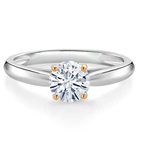 Gem Stone King 10K White and Yellow Gold Ring Solitaire Ring Set with Round Moissanite (0.80 Cttw, Size 9)