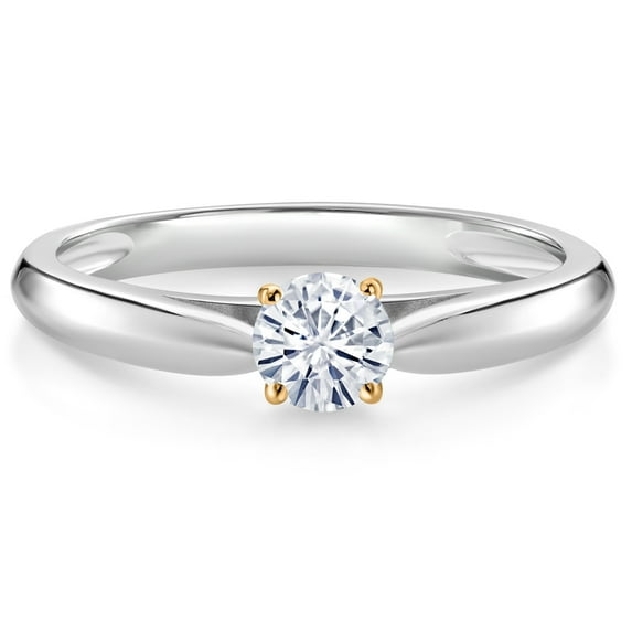 Gem Stone King 10K White and Yellow Gold White Moissanite Solitaire Engagement Ring for Women (0.23 Cttw, Gemstone, Round 4MM, Size 9)