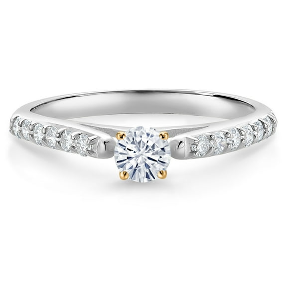 Gem Stone King 10K White and Yellow Gold White Moissanite and White Lab Grown Diamond Engagement Ring for Women (0.34 Cttw, Gemstone, Round 3.5MM, Size 6)