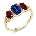thumbnail image 1 of Gem Stone King 10K Yellow Gold 3-Stone Diamond Engagement Ring 2.02 Ct Oval Blue Created Sapphire Red Rhodolite Garnet (Size 7), 1 of 4