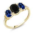 thumbnail image 1 of Gem Stone King 10K Yellow Gold 3-Stone Diamond Engagement Ring Oval Black Onyx Blue Created Sapphire (1.92 Ct) (Size 6), 1 of 4
