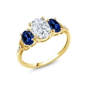 Gem Stone King 10K Yellow Gold 3-Stone Ring Set with Forever Classic Oval 2.74cttw Moissanite from Charles & Colvard and Created Sapphire