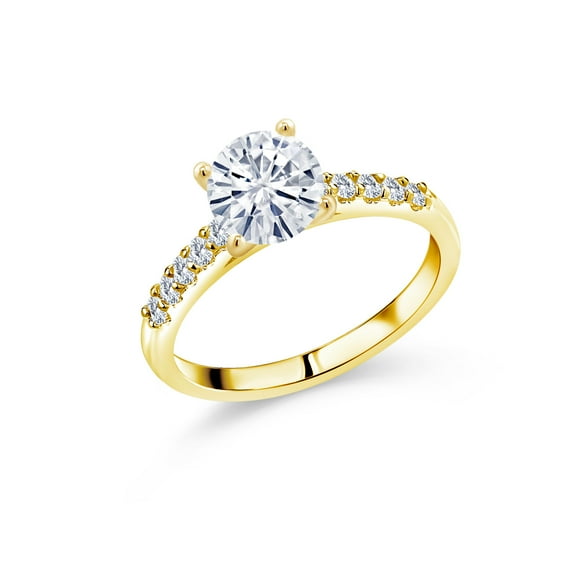 Gem Stone King 10K Yellow Gold 7MM Round Moissanite and Lab Grown Diamond Engagement Ring for Women | 1.40 Cttw (Size 8)