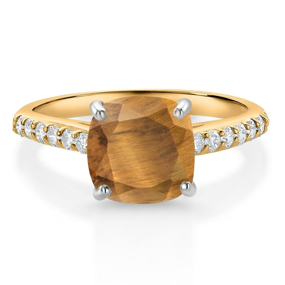 Gem Stone King 10K Yellow Gold 8MM Cushion Cut Brown Tiger Eye and White Lab Grown Diamond Engagement Ring for Women (2.18 Cttw, Gemstone, Size 9)
