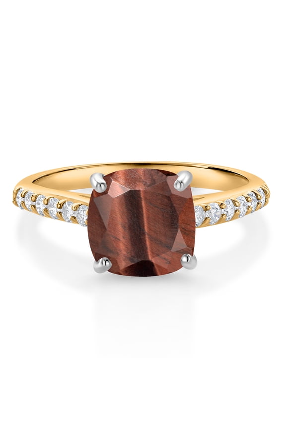 10K Yellow Gold 8MM Cushion Cut Red Tiger Eye and White Lab Grown Diamond Engagement Ring for Women (2.18 Cttw, Gemstone, Size 5)