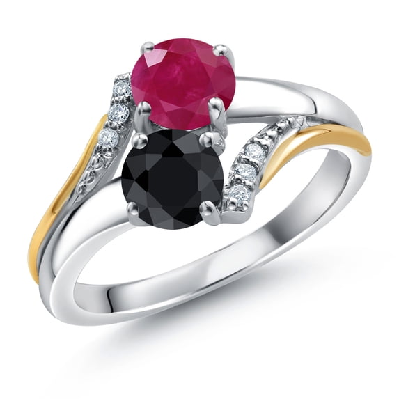 Gem Stone King 10K Yellow Gold and 925 Silver Black Sapphire and Red Ruby and White Lab Grown Diamond Accent Engagement Ring for Women (1.27 Cttw, Gemstone September Birthstone, Round 5MM, Size 7)