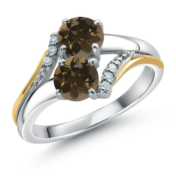 Gem Stone King 10K Yellow Gold and 925 Silver Brown Smoky Quartz and White Lab Grown Diamond Accent Engagement Ring for Women (1.03 Cttw, Gemstone, Round 5MM, Size 9)