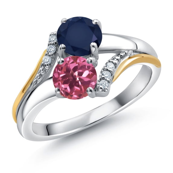 10K Yellow Gold and 925 Silver Pink Tourmaline and Blue Sapphire and White Lab Grown Diamond Accent Engagement Ring for Women (1.15 Cttw, Gemstone October Birthstone, Round 5MM, Size 7)