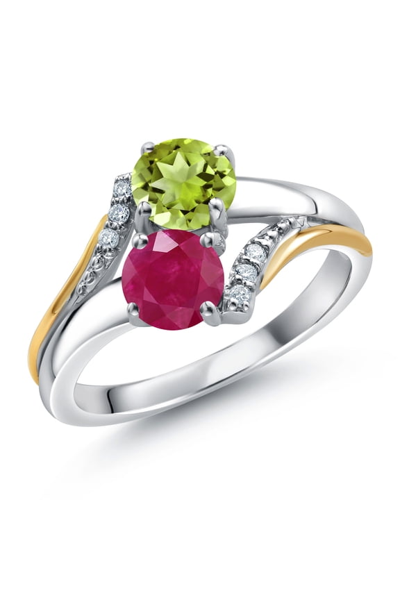 10K Yellow Gold and 925 Silver Red Ruby and Green Peridot and White Lab Grown Diamond Accent Engagement Ring for Women (1.13 Cttw, Gemstone July Birthstone, Round 5MM, Size 5)