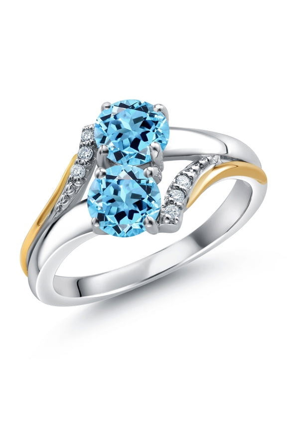 10K Yellow Gold and 925 Silver Swiss Blue Topaz and White Lab Grown Diamond Accent Engagement Ring for Women (1.33 Cttw, Gemstone November Birthstone, Round 5MM, Size 8)