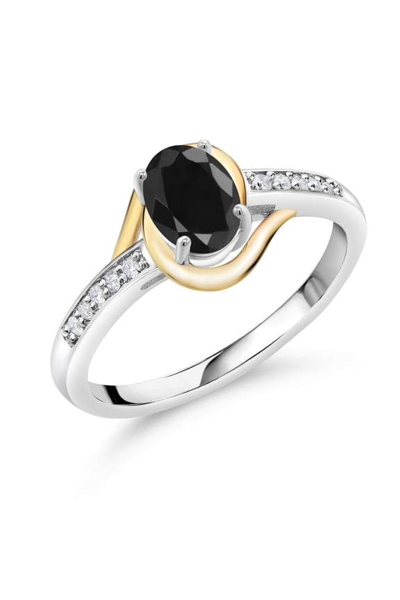 10K Yellow Gold and 925 Sterling Silver Black Sapphire and White Lab Grown Diamond Engagement Ring for Women (1.18 Cttw, Available in Size 5, 6, 7, 8, 9)
