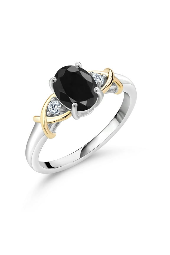10K Yellow Gold and 925 Sterling Silver Black Sapphire and White Lab Grown Diamond Ring for Women (1.74 Cttw, Available in Size 5,6,7,8,9)