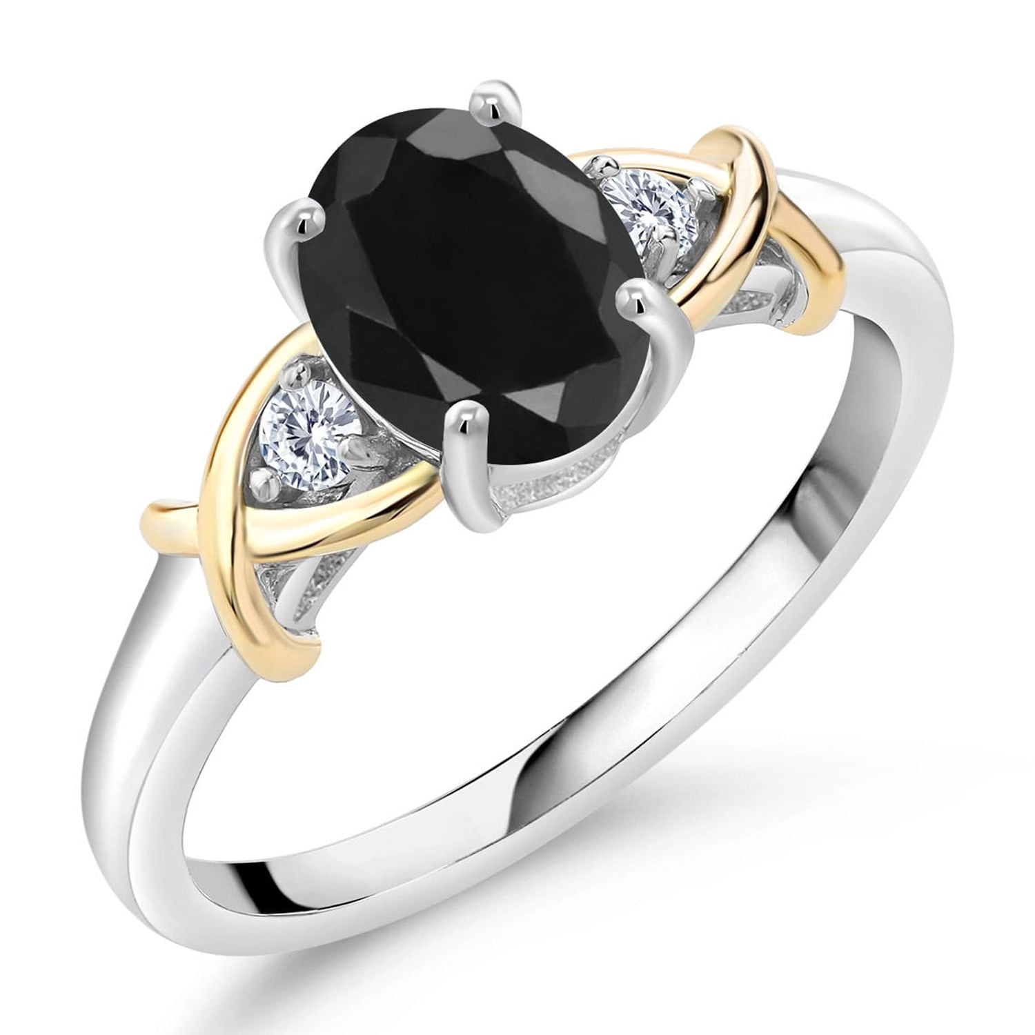 Gem Stone King 10K Yellow Gold and 925 Sterling Silver Black Sapphire and White Lab Grown Diamond Ring for Women (1.74 Cttw, Available in Size 5,6,7,8,9)