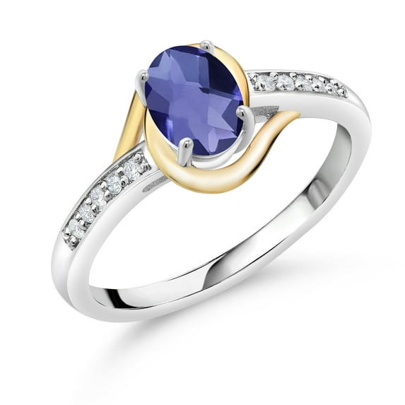 Gem Stone King 10K Yellow Gold and 925 Sterling Silver Blue Iolite and White Lab Grown Diamond Engagement Ring for Women (0.73 Cttw, Available in Size 5, 6, 7, 8, 9)