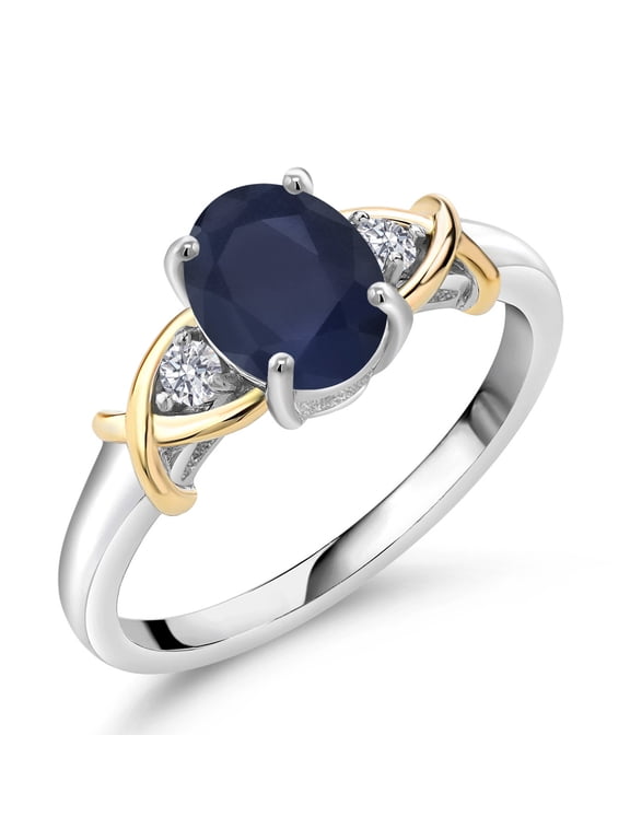 10K Yellow Gold and 925 Sterling Silver Blue Sapphire and White Lab Grown Diamond Engagement Ring for Women | 1.88 Cttw | Oval 8X6MM | Ring Size 5-9