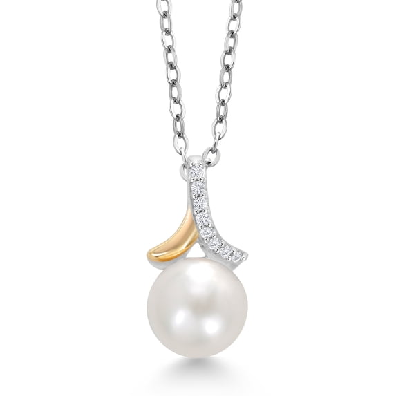 Gem Stone King 10K Yellow Gold and 925 Sterling Silver Cultured Freshwater Pearl and Lab Grown Diamond Pendant Necklace for Women (6.5MM Pearl and 18 inch Chain)
