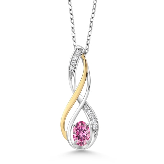 Gem Stone King 10K Yellow Gold and 925 Sterling Silver Pink Moissanite and White Lab Grown Diamond Pendant Necklace for Women (0.52 Cttw, Gemstone Birthstone, Oval 6X4MM, With 18 inch Silver Chain)