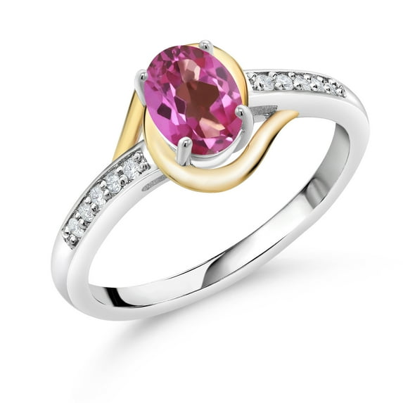 Gem Stone King 10K Yellow Gold and 925 Sterling Silver Pink Mystic Topaz and White Lab Grown Diamond Engagement Ring for Women (0.88 Cttw, Available in Size 5, 6, 7, 8, 9)