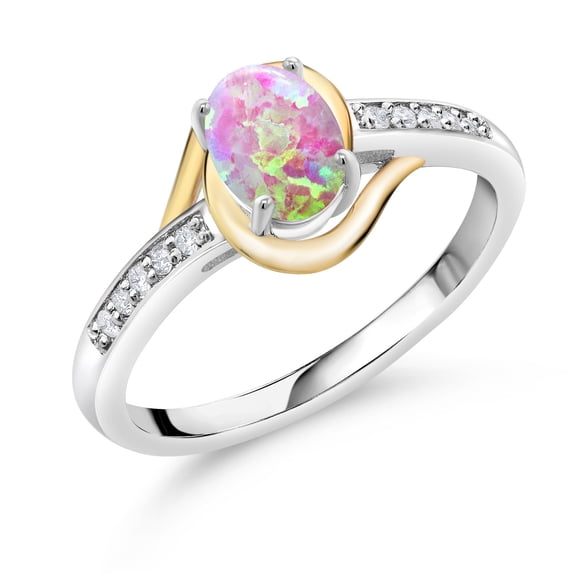 Gem Stone King 10K Yellow Gold and 925 Sterling Silver Pink Simulated Opal and White Lab Grown Diamond Engagement Ring for Women (0.71 Cttw, Available in Size 5, 6, 7, 8, 9)