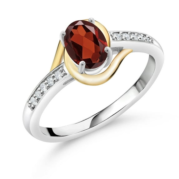 Gem Stone King 10K Yellow Gold and 925 Sterling Silver Red Garnet and White Lab Grown Diamond Engagement Ring for Women (0.95 Cttw, Available in Size 5, 6, 7, 8, 9)