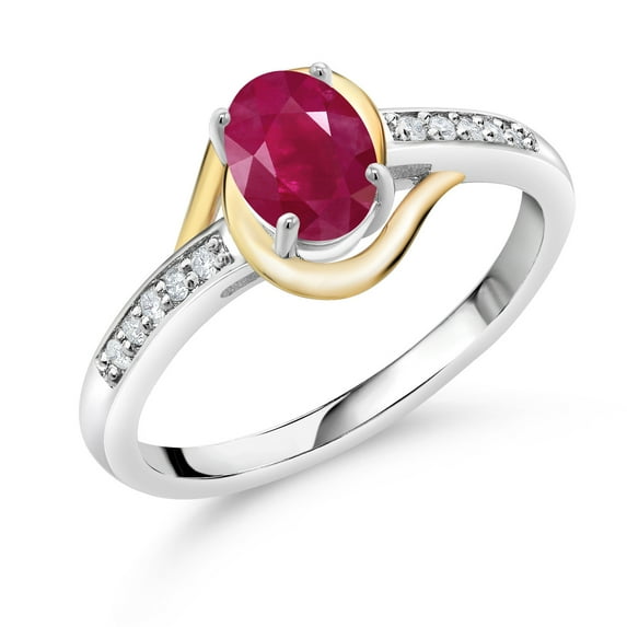 Gem Stone King 10K Yellow Gold and 925 Sterling Silver Red Ruby and White Lab Grown Diamond Engagement Ring for Women (1.08 Cttw, Available in Size 5, 6, 7, 8, 9)