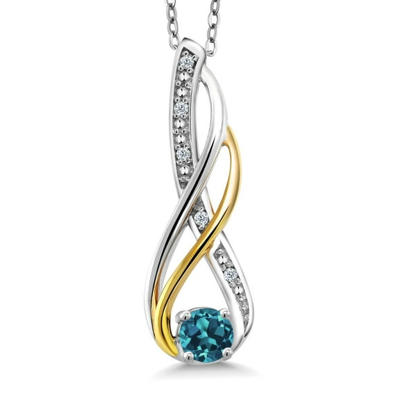 Gem Stone King 10K Yellow Gold And 925 Sterling Silver Round London Blue Topaz and Diamond Infinity Pendant Necklace for Women (0.34 Cttw with 18 inch Chain)