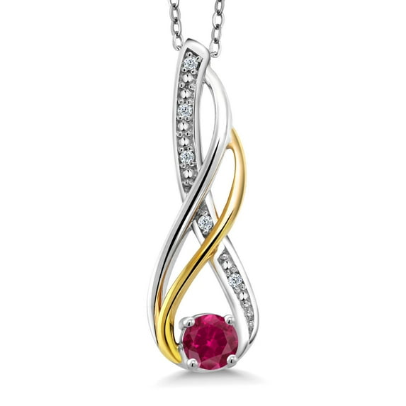 Gem Stone King 10K Yellow Gold And 925 Sterling Silver Round Red Created Ruby and White Diamond Infinity Pendant Necklace for Women (0.29 Cttw, with 18 inch Chain)